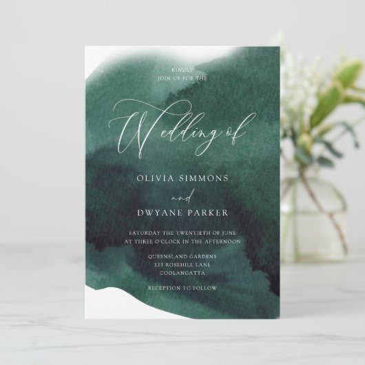 Moderne Smarald Green Watercolor Splash Hochzeit Einladung (Stehend Vorderseite)