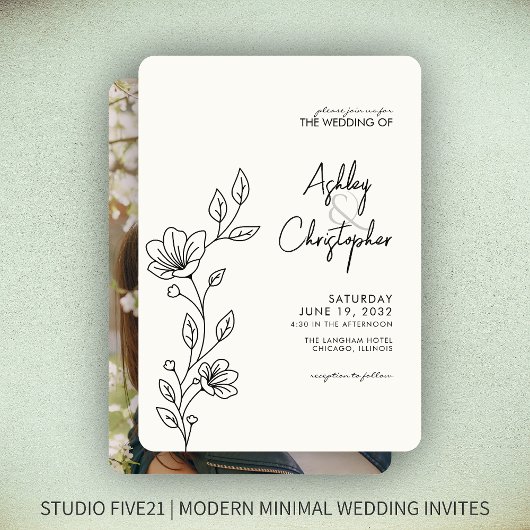Moderne Smokey Black Foliage Kontur Foto Hochzeit Einladung