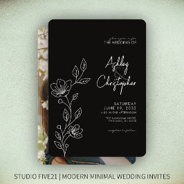 Moderne Smokey Black Foliage Kontur Foto Hochzeit Einladung