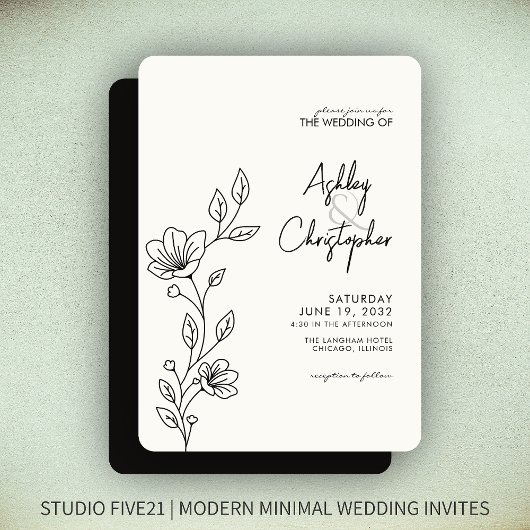 Moderne Smokey Black Foliage Kontur Hochzeit Einladung