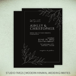 Moderne Smokey Black Foliage Kontur Hochzeit Einladung