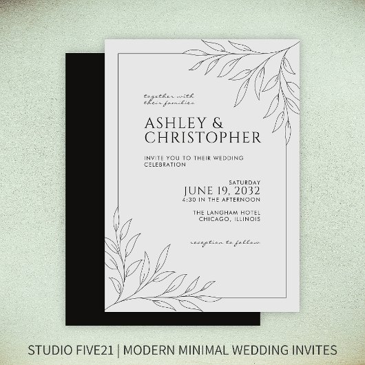 Moderne Smokey Black Foliage Kontur Hochzeit Einladung