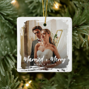Moderne Smudge-Foto für Neuvermählte Weihnachten + Keramikornament