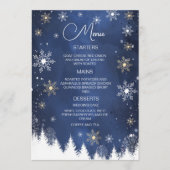 Moderne Snowflake Winter Navy und Gold Wedding Menükarte (Vorderseite)
