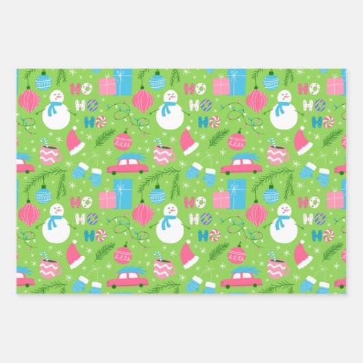 Moderne Snowman- und Pink & Green Weihnachtsdekora Geschenkpapier Set (Vorderseite)