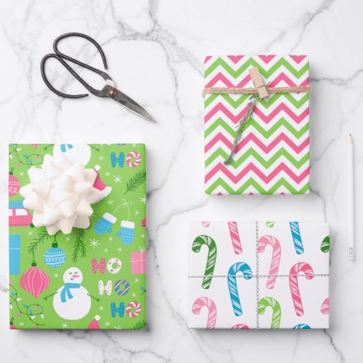 Moderne Snowman- und Pink & Green Weihnachtsdekora Geschenkpapier Set (Vorderseite)