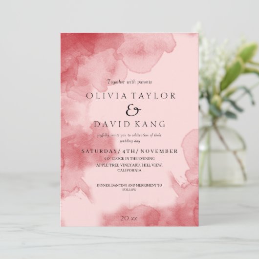 Moderne Soft Watercolor Red Ombre Wedding Einladung (Stehend Vorderseite)