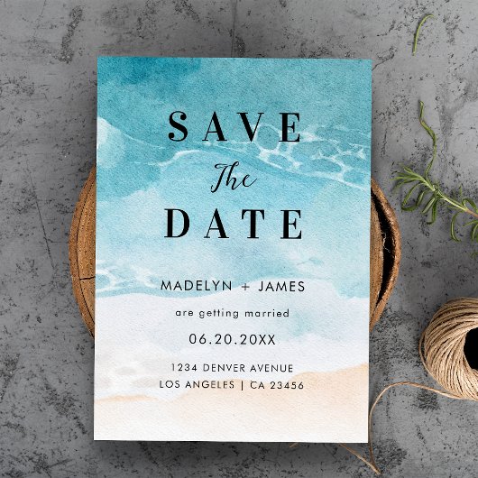 Moderne Sommer-Ozean-Strandhochzeit Save The Date