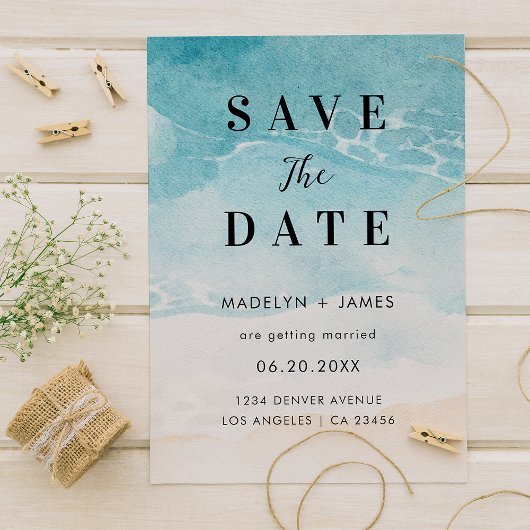 Moderne Sommer-Ozean-Strandhochzeit Save The Date