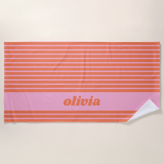 Moderne Sommer-Rosa-Orange-Gestreift Personalisier Strandtuch (Vorderseite)