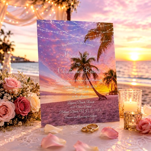 Moderne Sommer Sunset String Lights Beach Hochzeit Einladung