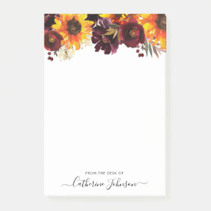 Moderne Sonnenblume Burgund Rose Floral Wasserfarb Post-it Klebezettel