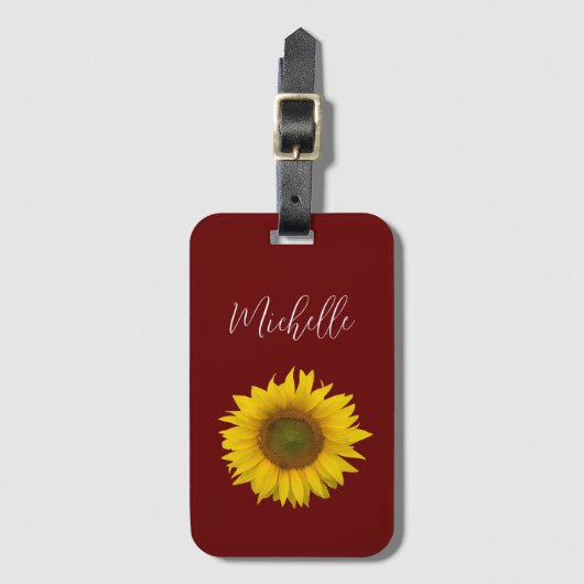 Moderne Sonnenblume Elegantes Script Rot Gepäckanhänger (Vorderseite Vertikal)