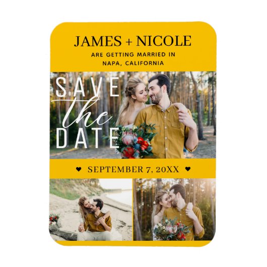Moderne Sonnenblume Save the Date Hochzeit 3 Fotos Magnet (Vertikal)