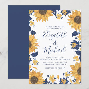 Moderne Sonnenblume Wasserfarbe Blaue Hochzeit Einladung