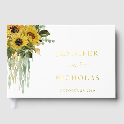 Moderne Sonnenblumen-Eukalyptus-Hochzeit Gold Gästebuch (Vorderseite)