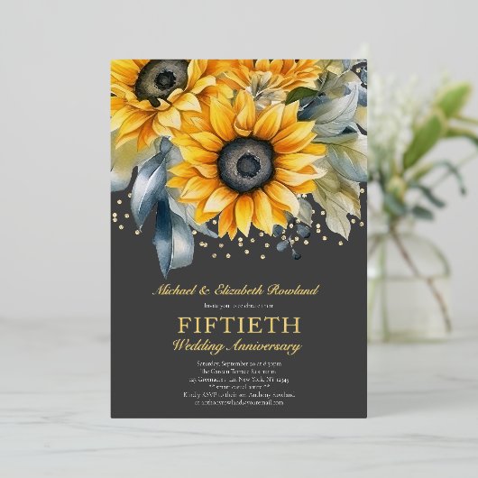 Moderne Sonnenblumen Gold 50. Hochzeitstag Folieneinladung (Stehend vorne)