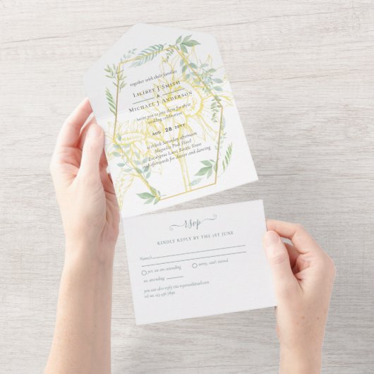 Moderne Sonnenblumen Grüne Sage Gold Hochzeit All In One Einladung (Abreißen)