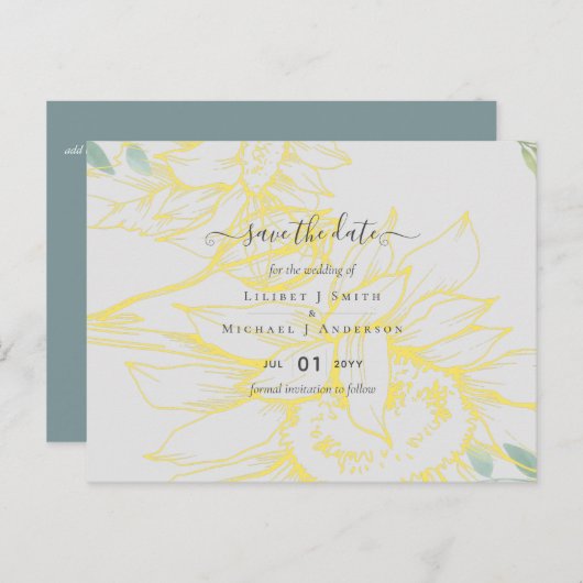 Moderne Sonnenblumen Grüne Sage Gold Hochzeit Postkarte (Vorne/Hinten)