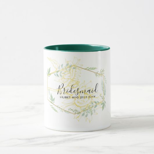 Moderne Sonnenblumen Grüne Sage Gold Hochzeit Tasse (Zentrum)