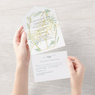 Moderne Sonnenblumen Grünzeug Sage Gold Hochzeit All In One Einladung