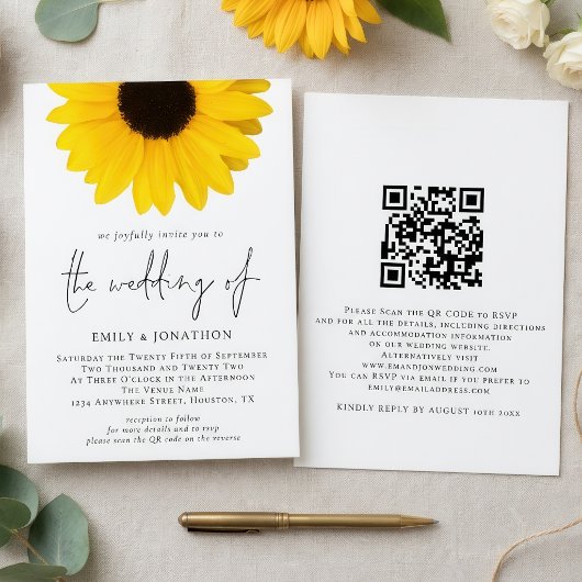 Moderne Sonnenblumen QR Code Hochzeit Einladung