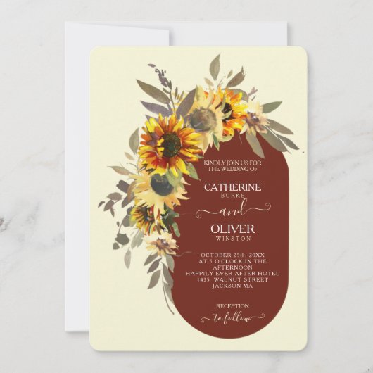 Moderne Sonnenblumenbraun-Gelbe Creme-Hochzeit im Einladung (Vorderseite)