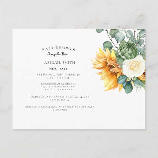 Moderne Sonnenblumendusche ändert das Datum Annou Ankündigungspostkarte (Vorderseite)