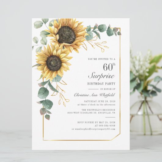 Moderne Sonnenblumengrün Blüte 60. Geburtstag Einladung (Stehend Vorderseite)