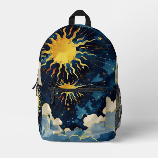 Moderne Sonnenstrahlen und blaue Wolken Bedruckter Rucksack (Vorderseite)