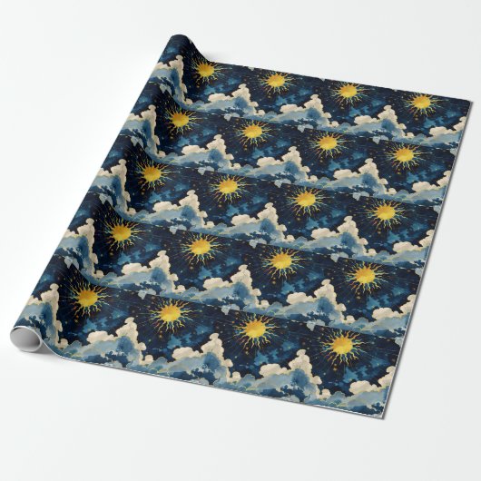 Moderne Sonnenstrahlen und blaue Wolken Geschenkpapier (Ungerollt)