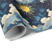 Moderne Sonnenstrahlen und blaue Wolken Geschenkpapier (Rolleneckpunkt)