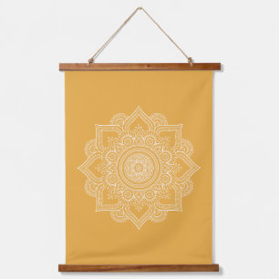 Moderne, sonngelbe geometrische Mandala-Leinwand Wandteppich Mit Holzrahmen