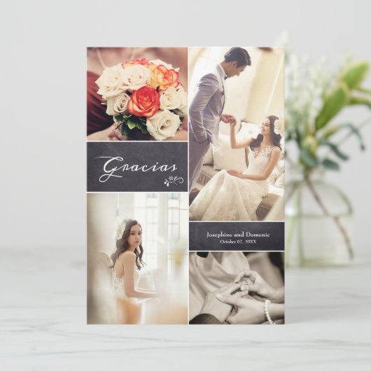 Moderne Spanische Script-Fotocollage Hochzeit Dankeskarte (Stehend Vorderseite)
