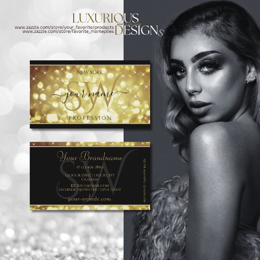 Moderne Sparkle Golden Glitzer Stars Schwarz Visitenkarte