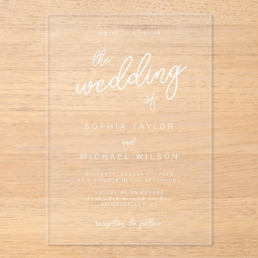 Moderne spielerische Schwarz-weiße Hochzeit Acryleinladungen (Vorderseite)