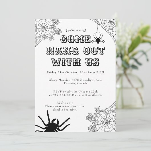 Moderne Spooky Spinnweb Black & White Halloween Einladung (Stehend Vorderseite)