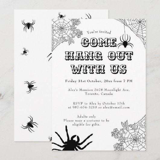 Moderne Spooky Spinnweb Black & White Halloween Einladung (Vorne/Hinten)