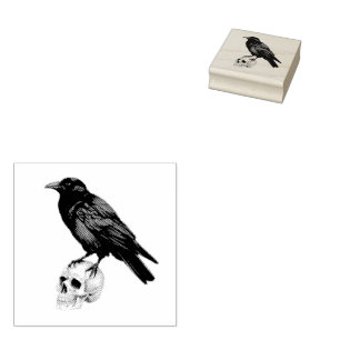 Moderne Spooky Vintag Crow auf Schädel Gummistempel