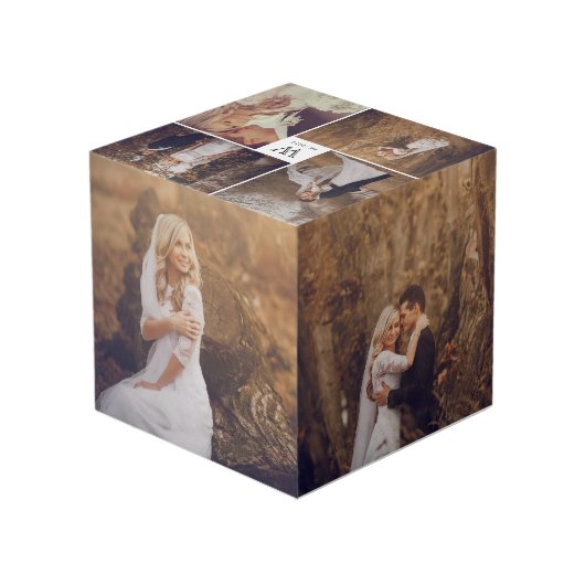 Moderne Square Wedding Monogram 8 Foto Collage Würfel (Rückseite Schrägansicht)
