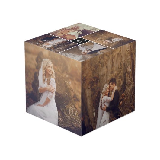 Moderne Square Wedding Monogram 8 Foto Collage Würfel (Rückseite Schrägansicht)