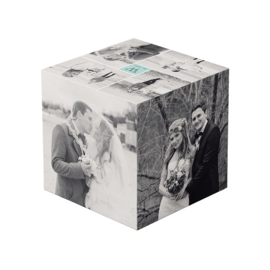 Moderne Square Wedding Monogram 8 Foto Collage Würfel (Rückseite Schrägansicht)