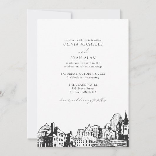 Moderne St. Paul Skyline Black & White Wedding Einladung (Vorderseite)