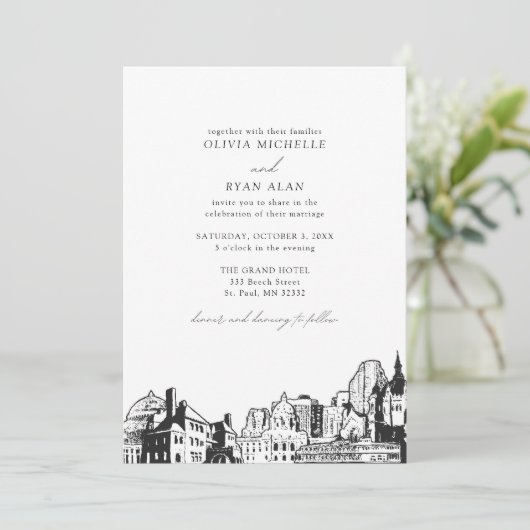 Moderne St. Paul Skyline Black & White Wedding Einladung (Stehend Vorderseite)