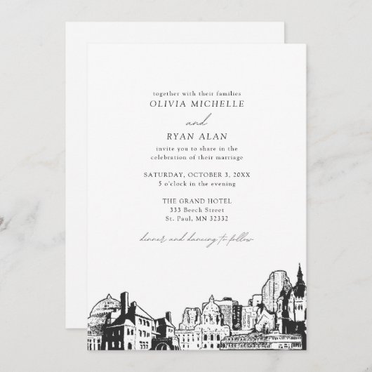 Moderne St. Paul Skyline Black & White Wedding Einladung (Vorne/Hinten)