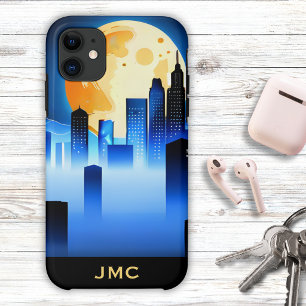 Moderne Stadt-Silhouette mit Vollmond-Monogramm Case-Mate iPhone Hülle