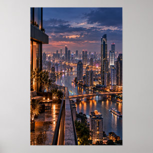 Moderne Stadt-Skyline am Flussufer Nacht-Wandkunst Poster