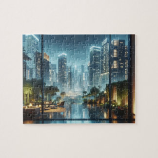 Moderne Stadtansicht bei regnerischer Nacht Puzzle