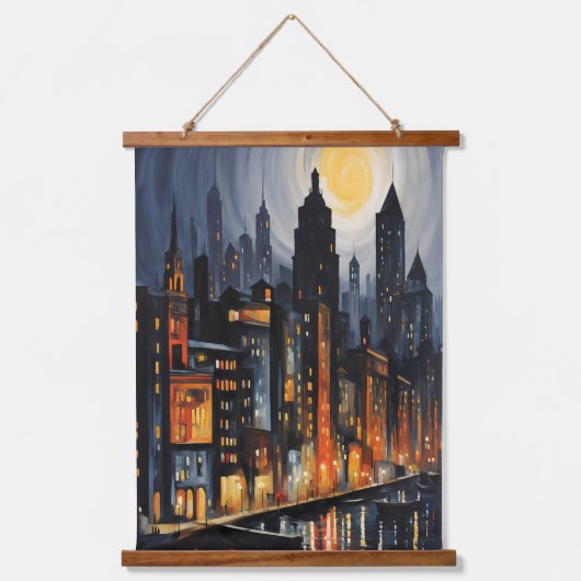 Moderne Stadtnachts - City Skyline bei Dusk Art Wandteppich Mit Holzrahmen (Vorderseite)