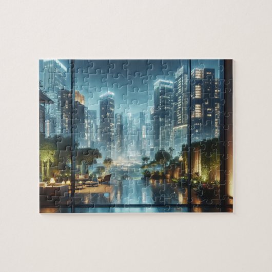 Moderne Stadtsicht am Rain Night Jigsaw Puzzle (Horizontal)
